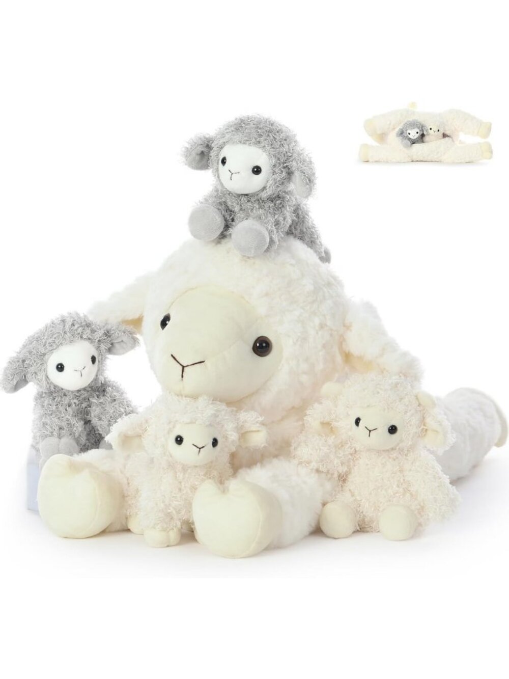 5-Piece Large Plush Sheep Set - Realistic Mommy & 4 Cute Lamb Babies, 20 Inch